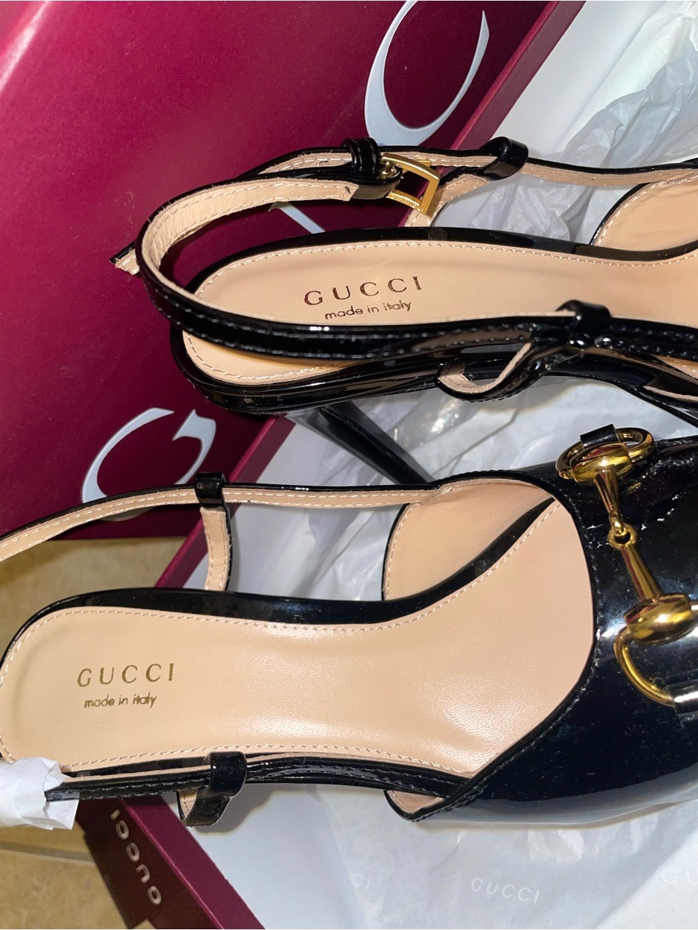 Gucci Black Patent Leather Horsebit Slingback Pumps GG size 7 high heels - Picture 12 of 14